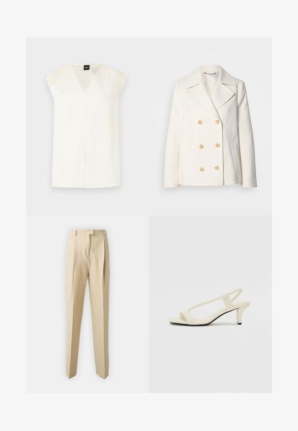 Dvipusė balta striukė iš tekstūrinio audinio, dekoruota dideliais auksinės spalvos mygtukais, su išpjautomis apykaklėmis ir šoninėmis kišenėmis.; Kreminė V formos palaidinė su trumpomis rankovėmis, pagaminta iš lygaus audinio. Su centriniu siūlu ir subtiliu siuvinėjimu palei pečių siūles.; Smėlio spalvos dailiai pritaikyti kelnių modeliai su tiesiu kirpimu, su raukšlėmis, liemens juosta ir lygiu paviršiumi. Nėra matomų kišenių ar puošmenų.; Kreminės blokų kulno šlepetės su plonomis dirželiais ir kvadratiniu pirštu. Lygus medžiaga su minimaliais akcentais, sukurtos lengvam dėvėjimui.