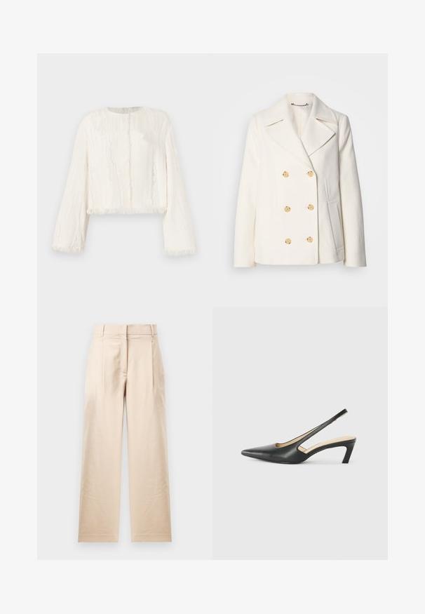 Kétgombos, fehér kabát textúrált anyagból, nagy arany színű gombokkal, csücskös gallérral és oldalzsebekkel.; Fehér, hosszú ujjú, cropped dzseki finom függőleges textúrával és foszlott szélekkel a mandzsettán, az alján és az elején.; Krémszínű nadrág sima anyagból. Közvetlen szabású, lapos elülső résszel és két redővel rendelkezik. Nincsenek látható minták vagy fémalkatrészek.; Fekete, hegyes orrú, slingback cipő alacsony sarkával, sima bőrből készült, oldalt kivágott deisgnal a légáteresztőképesség érdekében.