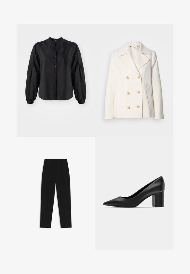 Dubbeltknäppt vitt läder i strukturerad tyg, med stora guldfärgade knappar, slagkrage och sidofickor.; Svart skjorta med knäppning, bandkrage, långa puffärmar och en slät yta. Har fem knappar framtill och en lös passform vid fållen.; Svarta byxor med rak passform, med dubbla fickor, en slät yta och en klassisk midje-design. Ingen synlig hårdvara eller detaljer.; Svart läderklack med spetsig tå och en kraftig fyrkantig klack. Slät textur, enkel design, passar för formella sammanhang.