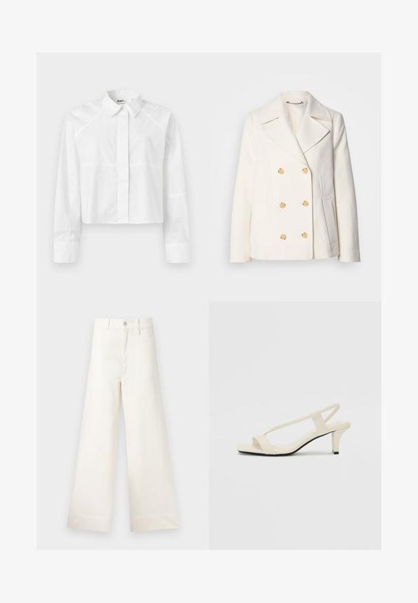 Dubbelzijdige witte jas van textuurstof, met grote goudkleurige knopen, gesmeden revers en zijzakken.; Witte cropped shirt gemaakt van een gladde stof, met een klassieke kraag, lange mouwen en subtiele stikseldetails. Logo "DAY" bij de kraag.; Bredere broek van lichtbeige katoen. Heeft een hoge taille, voorzakken en een rechte snit. Schoon afgewerkte zoom zonder patronen.; Beige blockhak sandalen met dunne bandjes en een vierkante neus. Glad materiaal met minimale details, ontworpen voor eenvoudig dragen.