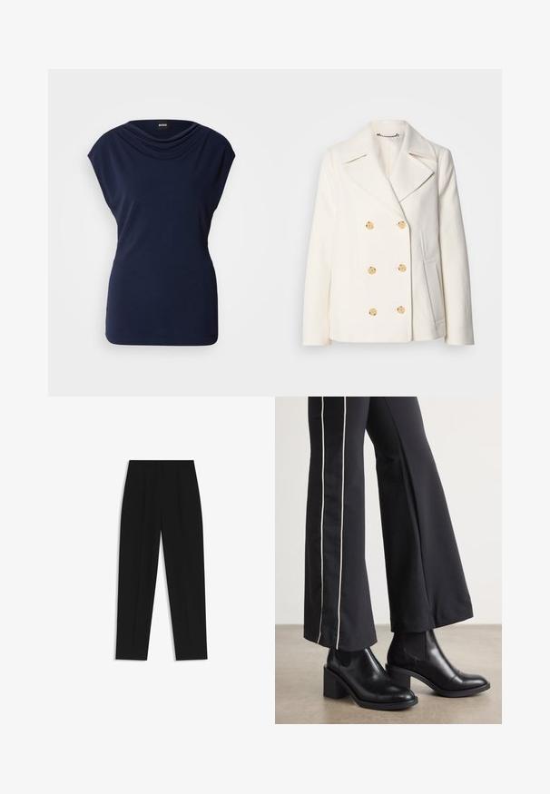 Dubbeltknäppt vitt läder i strukturerad tyg, med stora guldfärgade knappar, slagkrage och sidofickor.; Mörkblå topp med en halsringning i cowl-design och korta ärmar. Tillverkad av mjukt material, med en figurnära silhuett och diskreta sidsömmar.; Svarta byxor med rak passform, med dubbla fickor, en slät yta och en klassisk midje-design. Ingen synlig hårdvara eller detaljer.; Svarta läderankelboots med klack, med elastiska sidopaneler. I kombination med svarta byxor som har en vit sidostrip.
