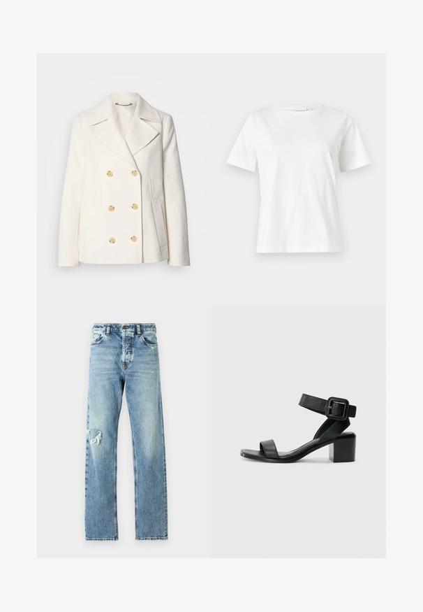 Dubultās krūšu baltas mētelis no teksturēta auduma, ar lieliem zelta toņa pogām, iegrieztiem uzgaļiem un sānu kabatām.; Baltas kokvilnas T-krekls ar īsām piedurknēm, apaļu kakla izgriezumu un brīvu piegriezumu. Gluda tekstūra, bez rakstiem vai akcentiem, minimālistisks dizains.; Gaiši zili džinsi ar taisnu kāju griezumu un novecojušo detaļu kreisajā ceļgalā. Klasisks piecu kabatu dizains ar metāla akcentiem.; Melnas ādas papēža sandales ar regulējamu potītes siksniņu, atvērtu purngalu un kvadrātveida bloku papēdi. Gluda tekstūra, minimālistisks stils.