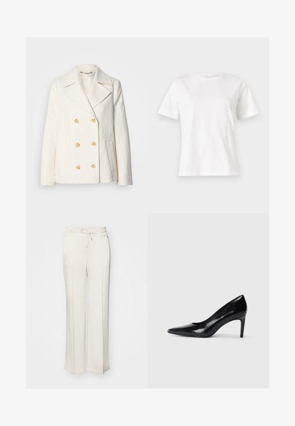Double-breasted white coat in textured fabric, featuring large gold-tone buttons, notched lapels, and side pockets.; White cotton t-shirt with short sleeves, round neckline, and a relaxed fit. Smooth texture, no patterns or accents, minimalistic design.; Light beige wide-leg trousers with an elastic waistband and drawstring. Made from a textured fabric with front pleats and a relaxed fit.; Black leather high heel shoe with a pointed toe, smooth texture, and a tapered heel. Minimalist design, no additional embellishments.