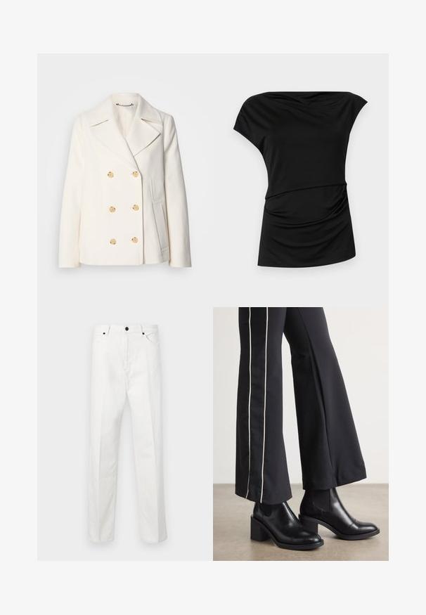 Double-breasted white coat in textured fabric, featuring large gold-tone buttons, notched lapels, and side pockets.; Black short-sleeve top with a draped neckline, soft texture, gathered fabric detail at the waist, and a relaxed silhouette.; White denim pants featuring a straight cut, button closure, and two front pockets. No visible patterns or embellishments. Smooth texture.; Black leather ankle boots with a block heel, featuring elastic side panels. Paired with black pants that have a white side stripe.