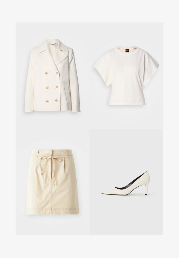 Palton alb cu două rânduri de butoane, realizat dintr-un material texturat, având butoane mari de culoare aurie, rever tip notch și buzunare laterale.; Tricou alb scurt, cu mâneci scurte și largi, din bumbac moale, cu decolteu rotund și un finisaj subtil portocaliu, design minimalist, fără modele sau grafice.; Faldă khaki dintr-un material ușor, cu talie ajustată, detalii cu sfoară, pliseuri și cusături subtile. Textură netedă.; Pantofi cu toc înalt din piele patent albă, cu vârf ascuțit, toc subțire și detalii interioare negre. Textură netedă și design elegant.