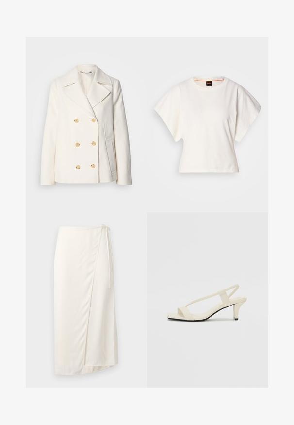 Palton alb cu două rânduri de butoane, realizat dintr-un material texturat, având butoane mari de culoare aurie, rever tip notch și buzunare laterale.; Tricou alb scurt, cu mâneci scurte și largi, din bumbac moale, cu decolteu rotund și un finisaj subtil portocaliu, design minimalist, fără modele sau grafice.; Fusta crem, realizată dintr-un material neted, cu o închidere laterală legată și o margine la nivelul genunchiului, având o despicătură subtilă în față pentru ușurința mișcării.; Sandale bej cu toc bloc, cu bretele subțiri și vârf pătrat. Material neted cu detalii minime, concepute pentru a fi ușor de purtat.