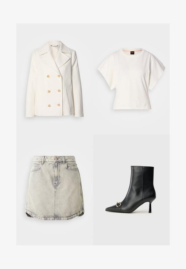 Casaco branco de duplo botão em tecido texturizado, com grandes botões em tom dourado, lapelas recortadas e bolsos laterais.; T-shirt branco cropped, mangas curtas e largas, material de algodão suave, decote redondo com um discreto acabamento laranja, design minimalista, sem padrões ou gráficos.; Saia de ganga em cinza claro com uma textura desbotada, apresentando uma cintura com botões, bolsos frontais e uma bainha ligeiramente curveda.; Bota preta de couro até ao tornozelo com bico apontado, salto slim de altura média e detalhe em fivela prateada de lado, contra um fundo simples.