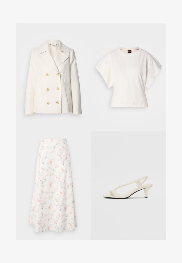 Manteau blanc croisé en tissu texturé, ornée de grandes boutons dorés, de revers crantés et de poches latérales.; T-shirt blanc cintré, manches courtes et larges, en coton doux, décolleté rond avec une discrète bordure orange, design minimaliste, sans motifs ni graphiques.; Jupe midi fleuri en tissu blanc, avec un motif aquarelle de fleurs roses et grises, design évasé et texture lisse.; Sandales beiges à talons carrés avec des fines brides et un bout carré. Matière lisse avec des détails minimaux, conçues pour un port facile.