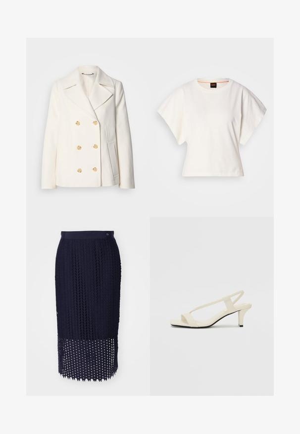 Palton alb cu două rânduri de butoane, realizat dintr-un material texturat, având butoane mari de culoare aurie, rever tip notch și buzunare laterale.; Tricou alb scurt, cu mâneci scurte și largi, din bumbac moale, cu decolteu rotund și un finisaj subtil portocaliu, design minimalist, fără modele sau grafice.; Fustă midi tricotată de culoare bleumarin, cu un model texturat, talie ripsată și un tiv cu detalii sub formă de decupaje triunghiulare.; Sandale bej cu toc bloc, cu bretele subțiri și vârf pătrat. Material neted cu detalii minime, concepute pentru a fi ușor de purtat.
