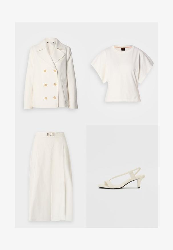 Dvojradový biely kabát z texturovanej tkaniny s veľkými zlatými gombíkmi, s klopami a bočnými vreckami.; Biely skrátený tričko, krátke široké rukávy, mäkký bavlnený materiál, okrúhly výstrih s jemným oranžovým lemovaním, minimalistický dizajn, bez vzorov alebo grafiky.; Biele nohavice so širokými nohavicami z bavlnenej tkaniny. Vlastnosti: vysoký pás s predným záhybom a detailom kovovej spony na opasku. Hladká textura.; Béžové sandále na blokovom podpätku s tenkými pásikmi a štvorcovou špičkou. Hladký materiál s minimálnym detailovaním, navrhnuté pre ľahké nosenie.