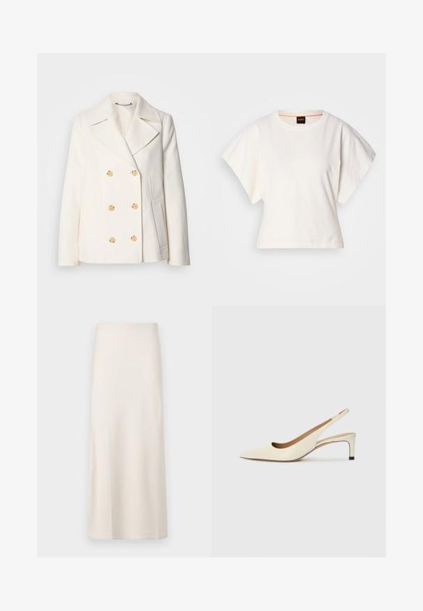 Kahekordne valge mantel tekstureeritud kangast, millel on suured kuldsete nuppudega, küljel olevad taskud ja nurgelised kraed.; Valge lühikeste laiadte varrukatega lühike T-särk, pehme puuvillane materjal, ümar kaelus kergelt oranži ääristusega, minimaalne disain, ilma mustrite ja graafikateta.; Kreemikarva, midi-pikkusega seelik, millel on sile, satiinilaadne tekstuur ja sirge lõige. Ilma nähtavate mustrite või kaunistusteta.; Kitsaste ninaga slingback-kingad heledast nahast, madala kontsaga ja lõikega disainiga, millel on sile tekstuur ja minimaalne aksessuaaride kasutus.