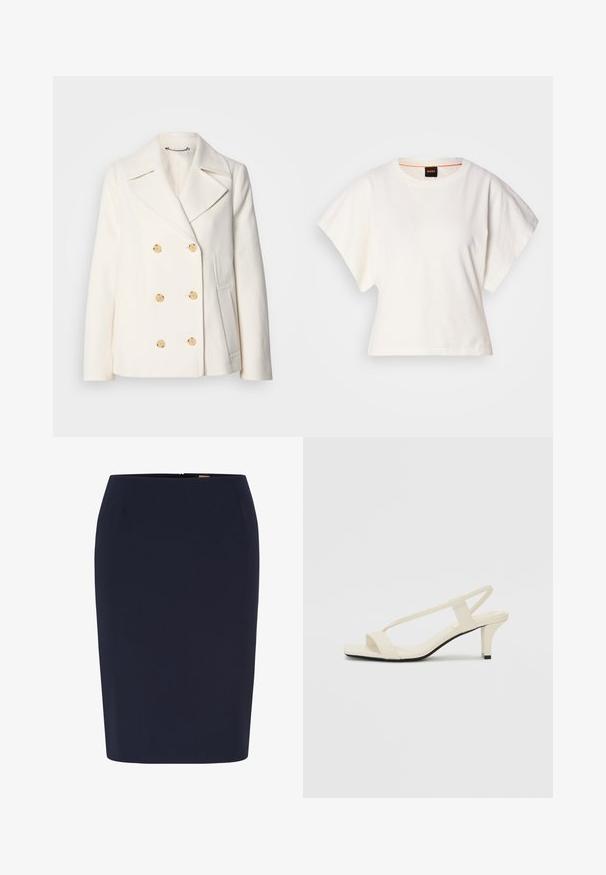 Kétgombos, fehér kabát textúrált anyagból, nagy arany színű gombokkal, csücskös gallérral és oldalzsebekkel.; Fehér, rövid, bő ujjú, crop szabású póló, puha pamut anyagból, kerek nyakkivágással, finom narancssárga díszítéssel, minimalista dizájn, minta vagy grafika nélkül.; Sötétkék ceruza szoknya sima anyagból. Testhezálló fazonnal készült, közepes hosszúságú, rejtett hátsó cipzárral. Nincsenek látható minták.; Beige színű, blokksarkú szandálok vékony pántokkal és négyzet alakú orral. Simább anyag, minimális részletezéssel, amely könnyű viselésre lett tervezve.