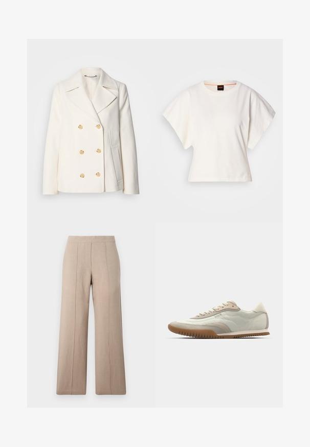Dubbelzijdige witte jas van textuurstof, met grote goudkleurige knopen, gesmeden revers en zijzakken.; Witte gecropte T-shirt, korte brede mouwen, zachte katoenmaterialen, ronde halslijn met subtiele oranje rand, minimalistisch ontwerp, geen patronen of graphics.; Beige wijdvallende broek gemaakt van lichtgewicht stof, met voorplooien, een gladde tailleband en een recht model met nette zomen.; Witte en beige sneaker met een gladde bovenkant en suède accenten, een gestructureerde zool en tonale stiksels. Vetersluiting met logo-detaillering.