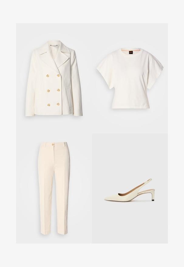 Double-breasted white coat in textured fabric, featuring large gold-tone buttons, notched lapels, and side pockets.; White cropped T-shirt, short wide sleeves, soft cotton material, round neckline with subtle orange trim, minimal design, no patterns or graphics.; Cream-colored, high-waisted trousers made of textured fabric. Features a front button closure and tapered legs.; Pointed-toe slingback shoe in off-white leather, featuring a low heel and cut-out design with a smooth texture and minimal accents.