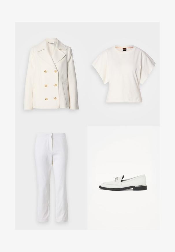 Palton alb cu două rânduri de butoane, realizat dintr-un material texturat, având butoane mari de culoare aurie, rever tip notch și buzunare laterale.; Tricou alb scurt, cu mâneci scurte și largi, din bumbac moale, cu decolteu rotund și un finisaj subtil portocaliu, design minimalist, fără modele sau grafice.; Pantaloni din bumbac alb, cu un design drept, având talie medie și fără hardware sau modele vizibile. Textură uniformă pe întreaga suprafață.; Loafers din piele albă cu o talpă joasă neagră, accent de hardware argintiu în față și un design neted, structurat.