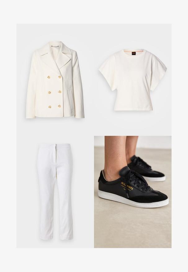 Palton alb cu două rânduri de butoane, realizat dintr-un material texturat, având butoane mari de culoare aurie, rever tip notch și buzunare laterale.; Tricou alb scurt, cu mâneci scurte și largi, din bumbac moale, cu decolteu rotund și un finisaj subtil portocaliu, design minimalist, fără modele sau grafice.; Pantaloni din bumbac alb, cu un design drept, având talie medie și fără hardware sau modele vizibile. Textură uniformă pe întreaga suprafață.; Adidași negri din piele și velur, cu tălpi din cauciuc alb. Au șireturi tonale și detalii cu logo auriu pe lateral. Design plat.