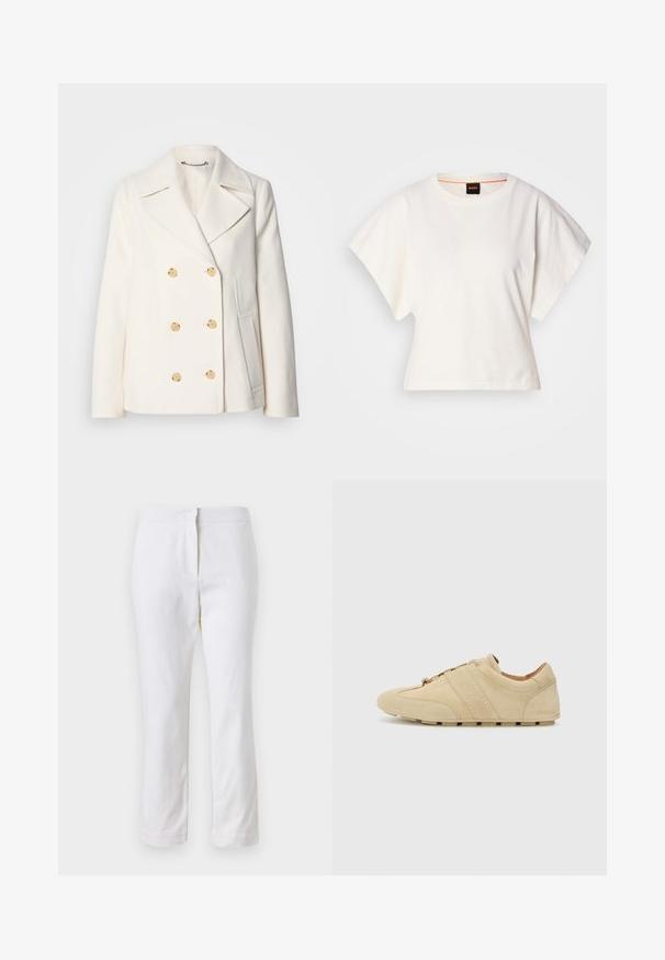 Casaco branco de duplo botão em tecido texturizado, com grandes botões em tom dourado, lapelas recortadas e bolsos laterais.; T-shirt branco cropped, mangas curtas e largas, material de algodão suave, decote redondo com um discreto acabamento laranja, design minimalista, sem padrões ou gráficos.; Calças de algodão brancas com um design de perna reta, apresentando uma cintura de altura média e sem hardware ou padrões visíveis. Textura suave por toda a peça.; Sapatilha de camurça bege com design minimalista, bico arredondado e sola em borracha. Apresenta duas riscas verticais e fecho com atacadores. Textura suave.