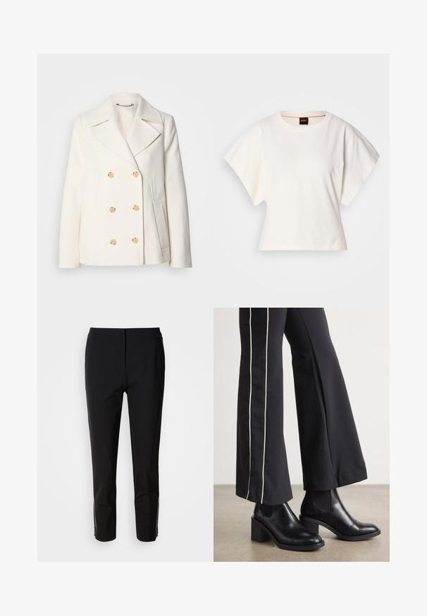 Kaksirivinen valkoinen takki, jossa on teksturoitu kangas, suuret kultasävytetyt napit, kauluksessa lovet ja sivutaskut.; Valkoinen lyhythihainen t-paita, leveät lyhyet hihat, pehmeää puuvillamateriaalia, pyöreä pääntie jossa hienovarainen oranssi reunus, minimaalinen muotoilu, ei kuvioita tai graafisia elementtejä.; Mustat housut suoran lahkeiden muotoilulla, valmistettu sileästä kankaasta. Alareunassa vetoketjuyksityiskohtia. Puhtaan minimalistinen tyyli.; Mustat nahkasaappaat nilkkapituisilla, lohkareella, joissa on joustavat sivupaneelit. Yhdistetty mustiin housuihin, joissa on valkoinen sivuraita.