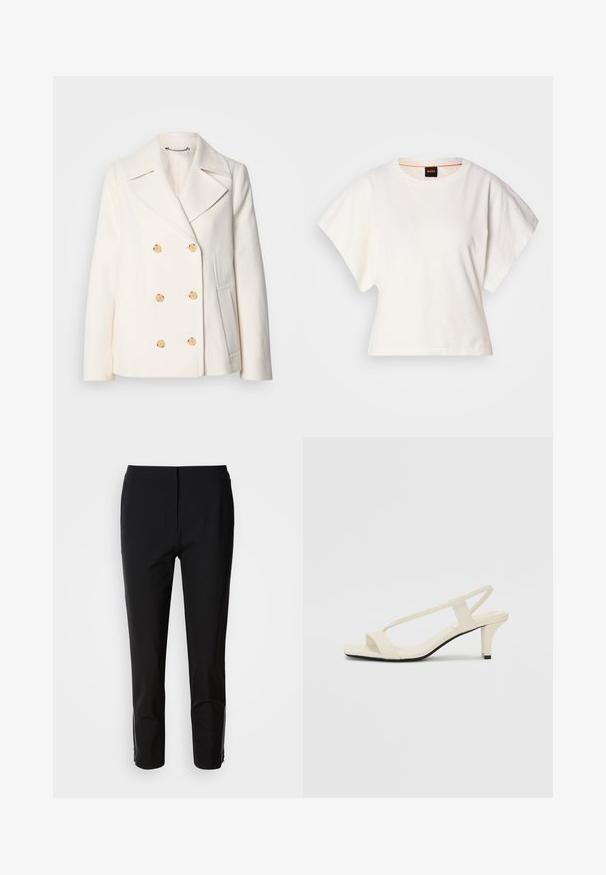 Dvipusė balta striukė iš tekstūrinio audinio, dekoruota dideliais auksinės spalvos mygtukais, su išpjautomis apykaklėmis ir šoninėmis kišenėmis.; Baltas trumpas marškinėliai, plačios trumpomis rankovėmis, minkšta medvilnė, apvali kaklo iškirptė su subtiliu oranžiniu apvadu, minimalus dizainas, be raštų ar grafikų.; Juodos kelnės su tiesiomis kojomis, pagamintos iš lygaus audinio. Apatinėse šoninėse dalyse yra užtrauktukai. Švarus, minimalistinis stilius.; Kreminės blokų kulno šlepetės su plonomis dirželiais ir kvadratiniu pirštu. Lygus medžiaga su minimaliais akcentais, sukurtos lengvam dėvėjimui.