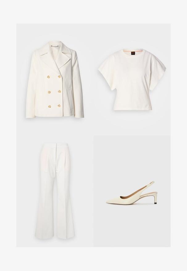 Doppeltknöpfiger weißer Mantel aus strukturiertem Stoff, mit großen goldfarbenen Knöpfen, Revers und seitlichen Taschen.; Weißes, kurzes T-Shirt, kurze weite Ärmel, weicher Baumwollstoff, runder Ausschnitt mit subtilen orangefarbenen Akzenten, minimales Design, keine Muster oder Grafiken.; Weiße, schicke Hosen mit glatter Textur, die an der Vorderseite Falten aufweisen und subtil kontrastierende Stoffpaneele in einem helleren Farbton besitzen.; Spitz zulaufender Slingback-Schuh aus cremefarbenem Leder, ausgestattet mit einem niedrigen Absatz und einem ausgeschnittenen Design mit glatter Textur und minimalen Akzenten.