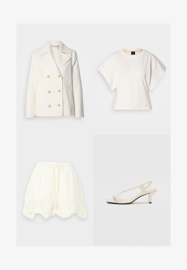Dubbelzijdige witte jas van textuurstof, met grote goudkleurige knopen, gesmeden revers en zijzakken.; Witte gecropte T-shirt, korte brede mouwen, zachte katoenmaterialen, ronde halslijn met subtiele oranje rand, minimalistisch ontwerp, geen patronen of graphics.; Witte katoenen shorts met een elastische tailleband en trekkoord, versierd met bloemborduursels en een geschulpte zoom met uitsneden.; Beige blockhak sandalen met dunne bandjes en een vierkante neus. Glad materiaal met minimale details, ontworpen voor eenvoudig dragen.