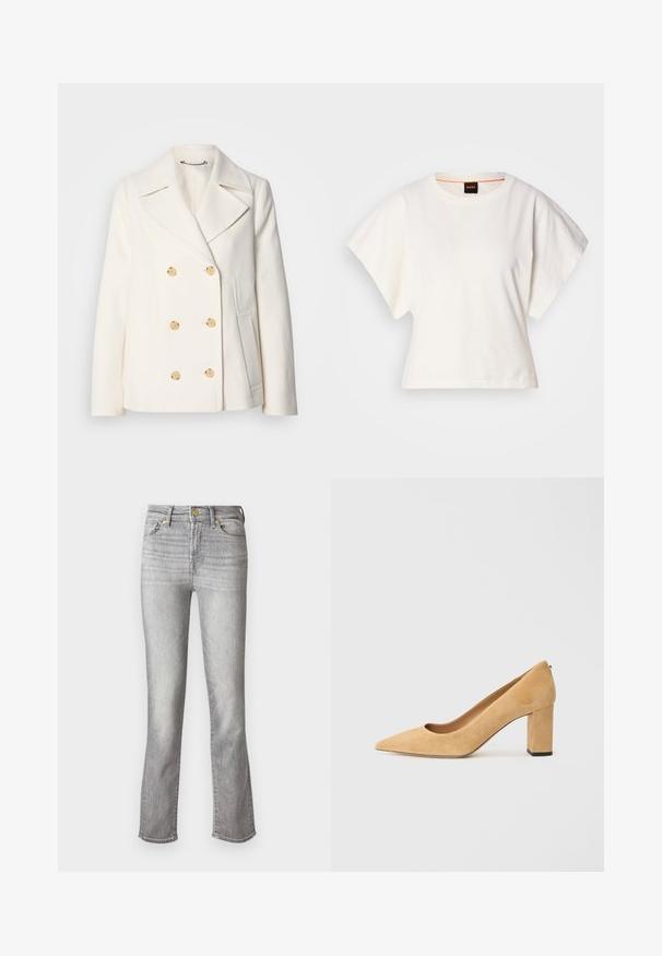 Kahekordne valge mantel tekstureeritud kangast, millel on suured kuldsete nuppudega, küljel olevad taskud ja nurgelised kraed.; Valge lühikeste laiadte varrukatega lühike T-särk, pehme puuvillane materjal, ümar kaelus kergelt oranži ääristusega, minimaalne disain, ilma mustrite ja graafikateta.; Hall grådenimid, millel on sirge jalgade disain, esiküljel nupulukk, viis taskut ja kergelt kulutatud tekstuur.; Beežist nubukist kõrge kontsaga kingad, millel on terav nina ja massiivne plokkkonts. Materjal on pehme tekstuuriga ja sileda pinnaga.