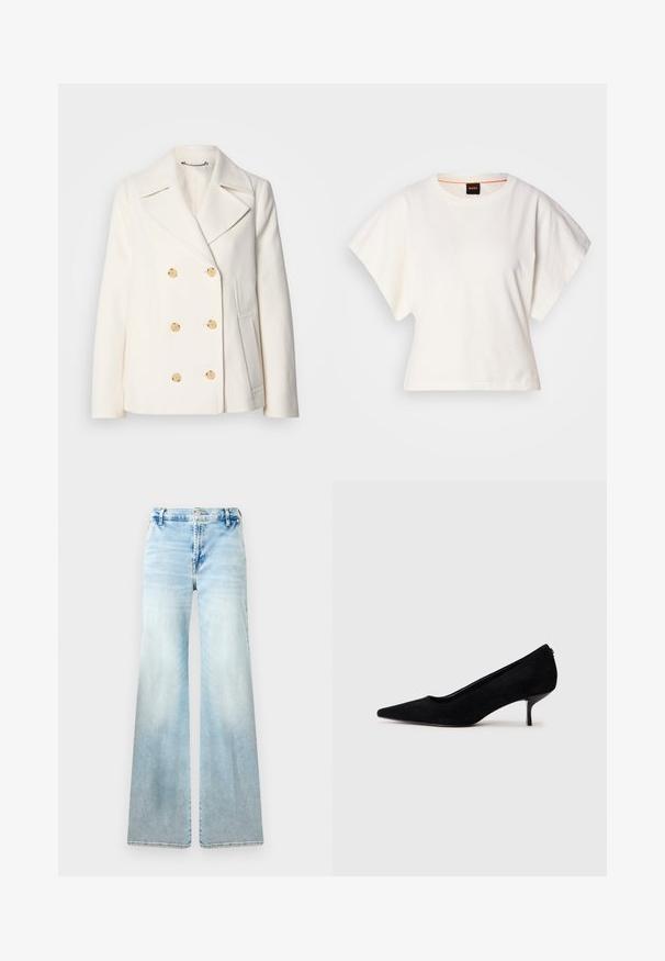 Dubbeltknäppt vitt läder i strukturerad tyg, med stora guldfärgade knappar, slagkrage och sidofickor.; Vit kortärmad T-shirt, korta vida ärmar, mjukt bomullsmaterial, rund halsringning med subtila orange detaljer, minimal design, inga mönster eller grafik.; Ljusblå utsvängda jeans i denim. Har en blekt tvätt, vanliga fickor och en knappstängning i midjan.; Svart mocka hög klackskor med spetsig tå och en smal, låg klack. Slät textur med en elegant design, utan synlig hårdvara.