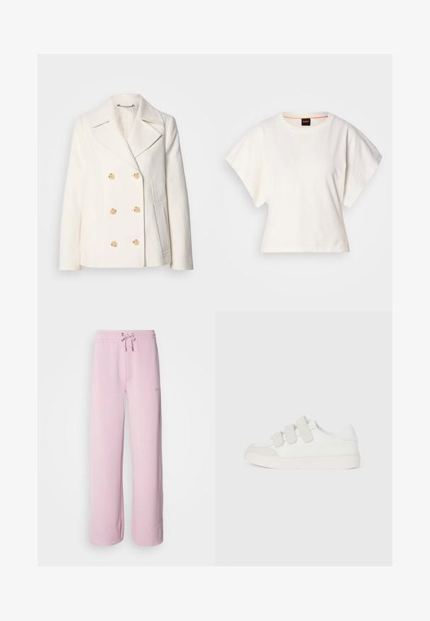Palton alb cu două rânduri de butoane, realizat dintr-un material texturat, având butoane mari de culoare aurie, rever tip notch și buzunare laterale.; Tricou alb scurt, cu mâneci scurte și largi, din bumbac moale, cu decolteu rotund și un finisaj subtil portocaliu, design minimalist, fără modele sau grafice.; Pantaloni de trening roz deschis cu un brâu cu șnur, picioare largi și un tiv pliat. Prezintă un mic logo brodat pe lateral. Textura materialului este moale.; Adidas de culoare albă cu un superior din piele netedă, trei benzi Velcro pe vârf, vârf rotunjit și o talpă robustă din cauciuc de culoare deschisă.