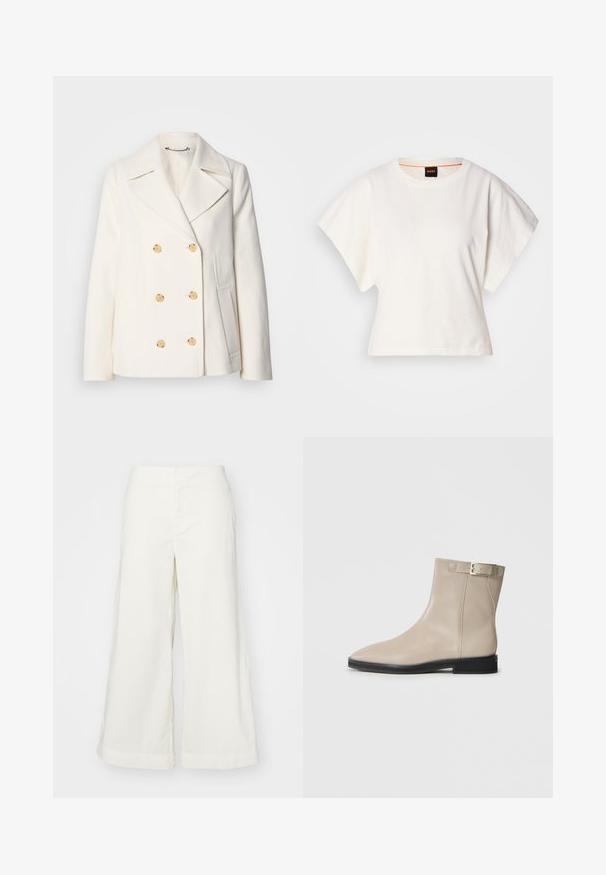 Dva reda gumba bijeli kaput od teksturirane tkanine, sa velikim zlatnim tipkama, reverima i bočnim džepovima.; Bijeli skraćeni T-shirt, široke kratke rukave, mekani pamučni materijal, okrugli izrez s suptilnim narančastim detaljem, minimalistički dizajn, bez uzoraka ili grafika.; Bijele hlače širokih nogavica od laganog materijala, s visokim strukom i šavovima, nude opušteni kroj i čiste linije.; Bež kožne čizme do gležnja s šiljastim vrhom, crnom potplatom, niskom petom i zlatnom kopčom s vanjske strane, prikazane na bijeloj pozadini.