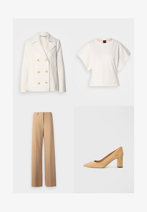 Double-breasted white coat in textured fabric, featuring large gold-tone buttons, notched lapels, and side pockets.; White cropped T-shirt, short wide sleeves, soft cotton material, round neckline with subtle orange trim, minimal design, no patterns or graphics.; Beige wide-leg trousers, featuring a smooth texture, tailored waistband, front crease details, and no visible pockets.; Beige suede high-heeled pump with a pointed toe and a chunky block heel. The material has a soft texture with a smooth finish.
