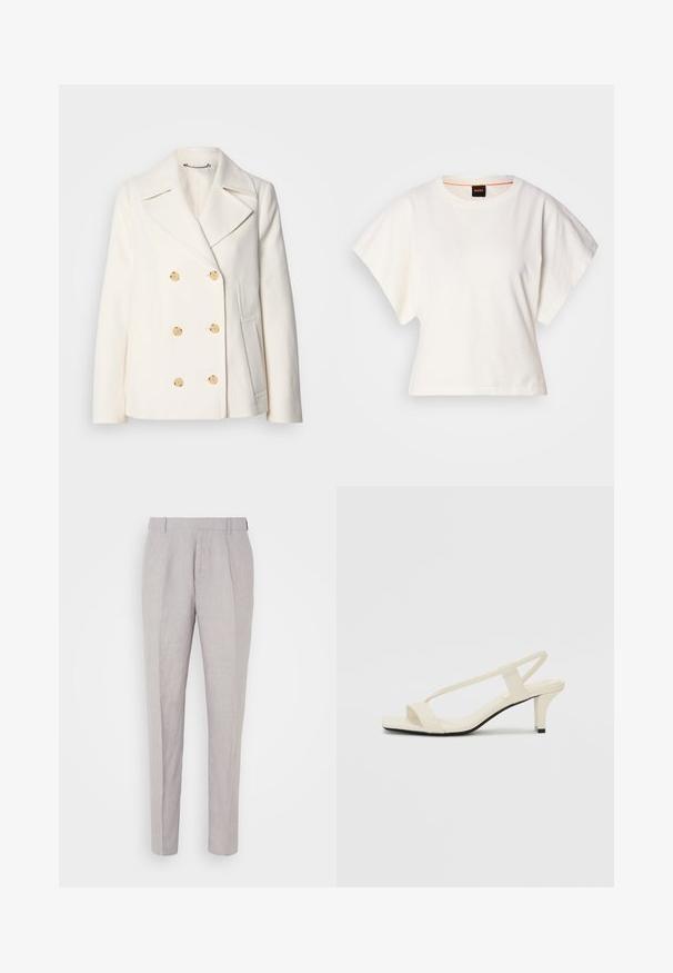 Dubbeltknäppt vitt läder i strukturerad tyg, med stora guldfärgade knappar, slagkrage och sidofickor.; Vit kortärmad T-shirt, korta vida ärmar, mjukt bomullsmaterial, rund halsringning med subtila orange detaljer, minimal design, inga mönster eller grafik.; Ljust grå linbyxor med rak passform, med flat midja och två skarpa veck längs benen. Inga sidofickor synliga.; Beige blockklackade sandaler med tunna remmar och fyrkantig tå. Slätt material med minimal detaljering, utformade för enkel användning.