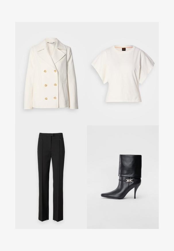 Palton alb cu două rânduri de butoane, realizat dintr-un material texturat, având butoane mari de culoare aurie, rever tip notch și buzunare laterale.; Tricou alb scurt, cu mâneci scurte și largi, din bumbac moale, cu decolteu rotund și un finisaj subtil portocaliu, design minimalist, fără modele sau grafice.; Pantaloni negri cu un design ajustat, având un front plat, buzunare cu fermoar și o croială dreaptă. Confecționați dintr-un material neted.; Botine negre din piele, cu vârf ascuțit, toc înalt și subțire, cu manșetă pliată și un detaliu decorativ cu cataramă aurie la gleznă.