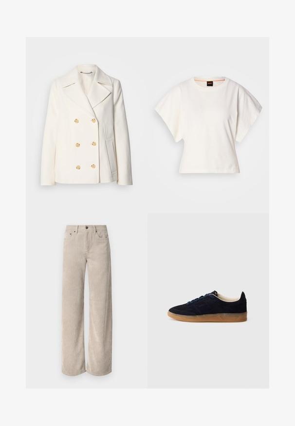 Palton alb cu două rânduri de butoane, realizat dintr-un material texturat, având butoane mari de culoare aurie, rever tip notch și buzunare laterale.; Tricou alb scurt, cu mâneci scurte și largi, din bumbac moale, cu decolteu rotund și un finisaj subtil portocaliu, design minimalist, fără modele sau grafice.; Pantaloni largi din corduroy bej, cu dungi verticale, având închidere cu nasture și buzunare frontale. Țesătură moale, texturată, cu o croială lejeră.; Pantof sport din piele întoarsă bleumarin cu talpă din cauciuc gumă, șireturi albastre și design minimalist. Prezintă un logo în relief pe lateral și o căptușeală interioară netedă.
