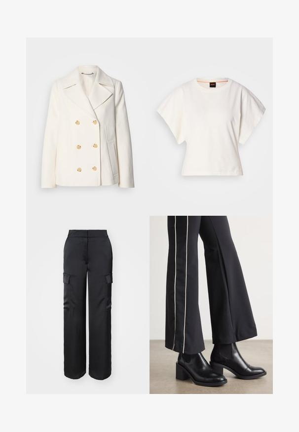 Dvojradový biely kabát z texturovanej tkaniny s veľkými zlatými gombíkmi, s klopami a bočnými vreckami.; Biely skrátený tričko, krátke široké rukávy, mäkký bavlnený materiál, okrúhly výstrih s jemným oranžovým lemovaním, minimalistický dizajn, bez vzorov alebo grafiky.; Čierne široké cargo nohavice vyrobené z hladkej tkaniny, s dvoma bočnými vreckami a vysokým pásom.; Čierne kožené členkové topánky s blokovým podpätkom, vybavené elastickými bočnými panelmi. Skombinované s čiernymi nohavicami, ktoré majú biely bočný pruh.