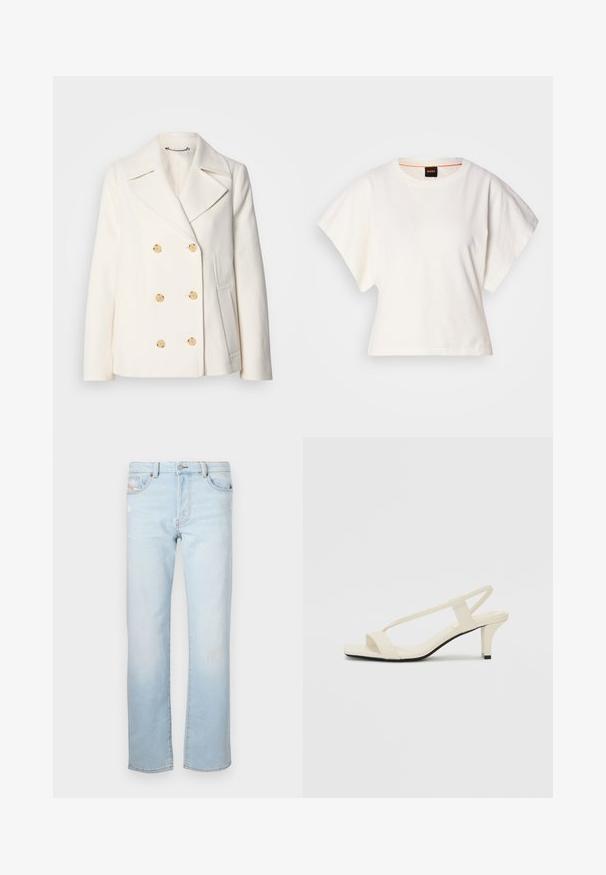 Kaksirivinen valkoinen takki, jossa on teksturoitu kangas, suuret kultasävytetyt napit, kauluksessa lovet ja sivutaskut.; Valkoinen lyhythihainen t-paita, leveät lyhyet hihat, pehmeää puuvillamateriaalia, pyöreä pääntie jossa hienovarainen oranssi reunus, minimaalinen muotoilu, ei kuvioita tai graafisia elementtejä.; Vaaleansiniset farkut suoran leikkauksen omaavana, joissa on pieniä kulutuksia, viisi taskua ja napituskiristys.; Beige sandaalit, joissa on loiva korko, ohuet hihnat ja neliönmallinen varvasosa. Sileä materiaali, jossa on minimaalista yksityiskohtaa, suunniteltu helppokäyttöiseksi.