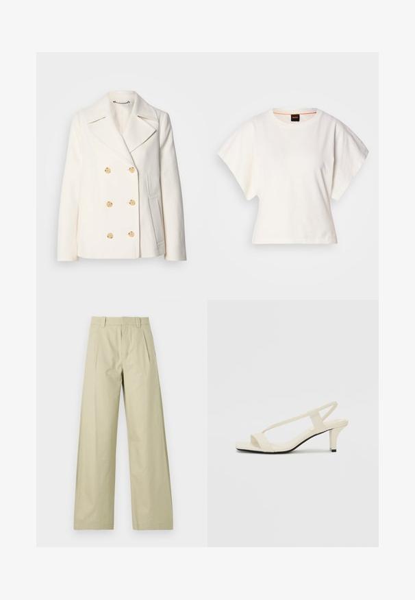 Dubbelzijdige witte jas van textuurstof, met grote goudkleurige knopen, gesmeden revers en zijzakken.; Witte gecropte T-shirt, korte brede mouwen, zachte katoenmaterialen, ronde halslijn met subtiele oranje rand, minimalistisch ontwerp, geen patronen of graphics.; Wijde broekspijpen in lichtbeige katoen, met een platte voorkant en plooien, riemlussen en omgeslagen zoom. Glad materiaal en casual ontwerp.; Beige blockhak sandalen met dunne bandjes en een vierkante neus. Glad materiaal met minimale details, ontworpen voor eenvoudig dragen.
