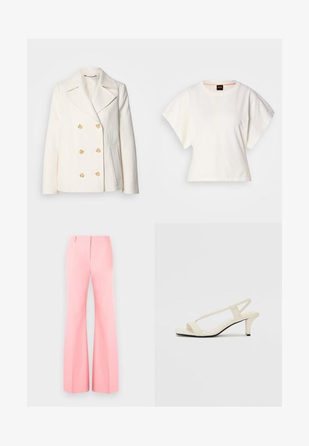 Palton alb cu două rânduri de butoane, realizat dintr-un material texturat, având butoane mari de culoare aurie, rever tip notch și buzunare laterale.; Tricou alb scurt, cu mâneci scurte și largi, din bumbac moale, cu decolteu rotund și un finisaj subtil portocaliu, design minimalist, fără modele sau grafice.; Pantaloni roz, cu picioare largi, cu un design bine croit, având fața plată și pliuri bine călcate. Material neted și talie înaltă.; Sandale bej cu toc bloc, cu bretele subțiri și vârf pătrat. Material neted cu detalii minime, concepute pentru a fi ușor de purtat.