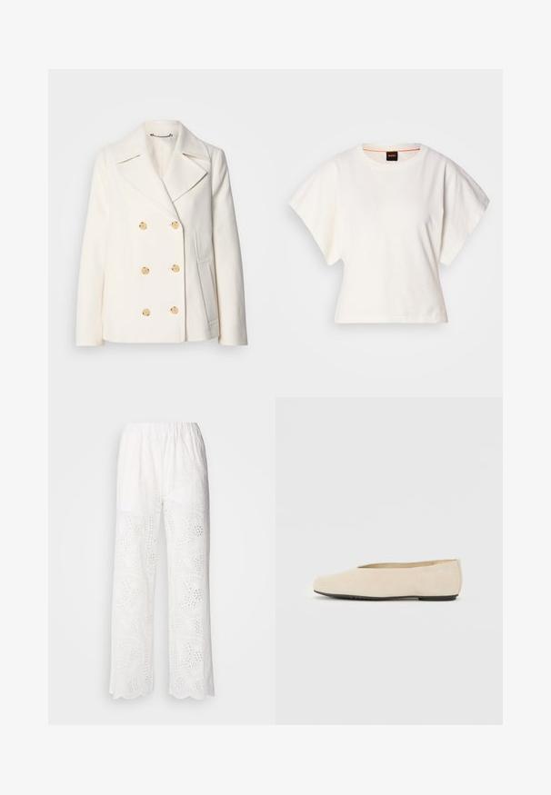 Kahekordne valge mantel tekstureeritud kangast, millel on suured kuldsete nuppudega, küljel olevad taskud ja nurgelised kraed.; Valge lühikeste laiadte varrukatega lühike T-särk, pehme puuvillane materjal, ümar kaelus kergelt oranži ääristusega, minimaalne disain, ilma mustrite ja graafikateta.; Valged puuvillased püksid, millel on sakilise äärisega lõige, silmadega mustriga ja mugava lõikega, disainitud elastse vöökohtaga mugavuse tagamiseks.; Beežist nubukist baleriinijalats, millel on ümar varvas, lame tald ja minimaalne disain. Sile tekstuur ning nähtavad riistvara või kaunistused puuduvad.