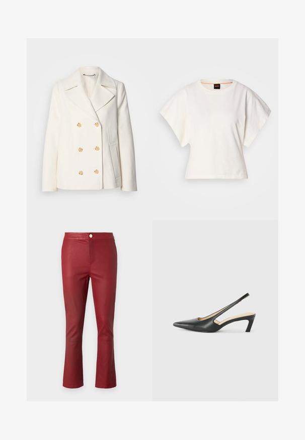Dobbeltbrystet hvid frakke i struktureret stof med store guldfarvede knapper, spidsrevers og sidelommer.; Hvid cropped T-shirt, korte brede ærmer, blødt bomuldsstof, rund halsudskæring med diskret orange kant, minimalistisk design uden mønstre eller grafik.; Røde læderbukser med en tætsiddende pasform, mellemhøj talje og udvidede manchetter. Har en frontlukning med knap og en glat tekstur.; Sorte spidse slingback-sko med en lav hæl, lavet af glat læder og med udskæringer på siden for åndbarhed.