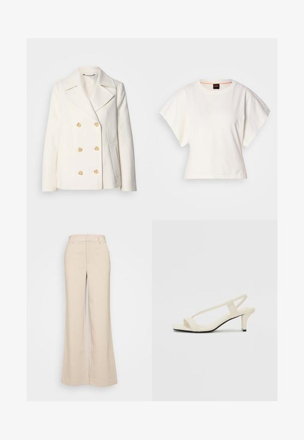 Dubbelzijdige witte jas van textuurstof, met grote goudkleurige knopen, gesmeden revers en zijzakken.; Witte gecropte T-shirt, korte brede mouwen, zachte katoenmaterialen, ronde halslijn met subtiele oranje rand, minimalistisch ontwerp, geen patronen of graphics.; Beige wijduitlopende broek met een gladde textuur, voorzien van een hoge tailleband en twee voorzakken. Schoon ontwerp met een getailleerde pasvorm.; Beige blockhak sandalen met dunne bandjes en een vierkante neus. Glad materiaal met minimale details, ontworpen voor eenvoudig dragen.