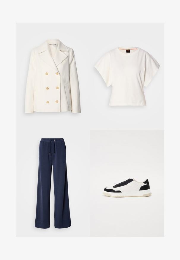 Kétgombos, fehér kabát textúrált anyagból, nagy arany színű gombokkal, csücskös gallérral és oldalzsebekkel.; Fehér, rövid, bő ujjú, crop szabású póló, puha pamut anyagból, kerek nyakkivágással, finom narancssárga díszítéssel, minimalista dizájn, minta vagy grafika nélkül.; Tengerészeti tág lábú nadrág, puha anyagból készült, elasztikus derékkal, húzózsinórral és logórészlettel a bal lábszár felső részén.; Fehér bőr felsőrészű sportcipők, fekete velúr díszítéssel és texturált gumitalppal. Fűzős kialakítással és varrott részletekkel rendelkezik.