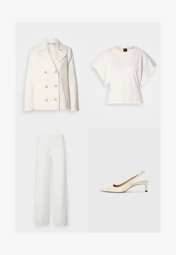 Double-breasted white coat in textured fabric, featuring large gold-tone buttons, notched lapels, and side pockets.; White cropped T-shirt, short wide sleeves, soft cotton material, round neckline with subtle orange trim, minimal design, no patterns or graphics.; White wide-leg pants made of soft, lightweight fabric. Features an elastic waistband and straight-cut legs. No visible patterns or accents.; Pointed-toe slingback shoe in off-white leather, featuring a low heel and cut-out design with a smooth texture and minimal accents.