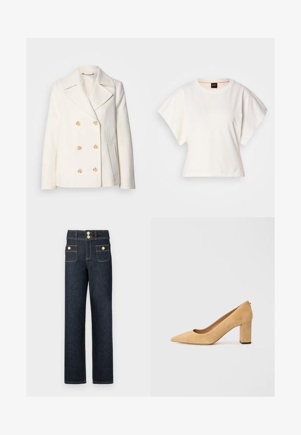 Dvipusė balta striukė iš tekstūrinio audinio, dekoruota dideliais auksinės spalvos mygtukais, su išpjautomis apykaklėmis ir šoninėmis kišenėmis.; Baltas trumpas marškinėliai, plačios trumpomis rankovėmis, minkšta medvilnė, apvali kaklo iškirptė su subtiliu oranžiniu apvadu, minimalus dizainas, be raštų ar grafikų.; Tamsiai mėlynos džinsinės kelnės su tiesiomis kojomis, dviem priekinėmis kišenėmis, auksinės spalvos detalėmis ir kontrastingais siuvinėjimo akcentais.; Bežiniai zomšiniai aukštakulniai bateliai su smaigaliu ir masyviu blokiniu kulnu. Medžiaga turi švelnų tekstūrą ir lygią apdailą.