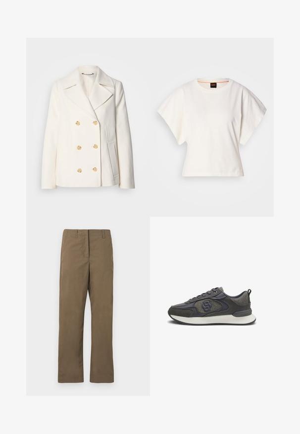 Double-breasted white coat in textured fabric, featuring large gold-tone buttons, notched lapels, and side pockets.; White cropped T-shirt, short wide sleeves, soft cotton material, round neckline with subtle orange trim, minimal design, no patterns or graphics.; Brown straight-leg trousers made of cotton-blend fabric. Features belt loops, a front pocket, and a smooth texture without patterns.; Gray and black low-top sneaker with textured fabric, leather details, lace-up front, cushioned white sole, and pull tab at heel.
