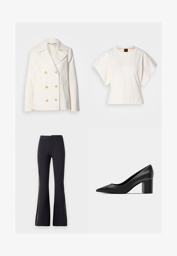 Casaco branco de duplo botão em tecido texturizado, com grandes botões em tom dourado, lapelas recortadas e bolsos laterais.; T-shirt branco cropped, mangas curtas e largas, material de algodão suave, decote redondo com um discreto acabamento laranja, design minimalista, sem padrões ou gráficos.; Calças pretas de perna larga feitas de tecido elástico. Apresentam uma textura suave e um piping lateral branco em contraste. Design simples com cintura elástica.; Pumps pretas em couro com bico fino e salto quadrado robusto. Textura suave, design simples, adequado para ambientes formais.