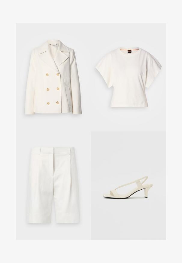 Manteau blanc croisé en tissu texturé, ornée de grandes boutons dorés, de revers crantés et de poches latérales.; T-shirt blanc cintré, manches courtes et larges, en coton doux, décolleté rond avec une discrète bordure orange, design minimaliste, sans motifs ni graphiques.; Shorts ajustés de couleur claire en coton, avec une taille plate, des plis et une coupe droite. Texture lisse avec une finition classique.; Sandales beiges à talons carrés avec des fines brides et un bout carré. Matière lisse avec des détails minimaux, conçues pour un port facile.