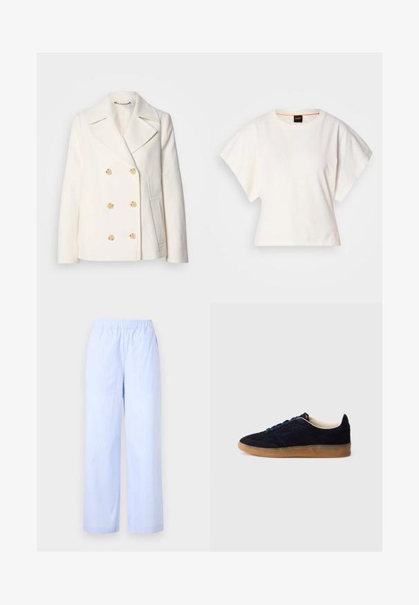 Casaco branco de duplo botão em tecido texturizado, com grandes botões em tom dourado, lapelas recortadas e bolsos laterais.; T-shirt branco cropped, mangas curtas e largas, material de algodão suave, decote redondo com um discreto acabamento laranja, design minimalista, sem padrões ou gráficos.; Calças listradas azul claro com cintura elástica, design de perna larga, bolsos laterais e uma textura suave. Sem adornos adicionais.; Tênis de camurça azul-marinho com sola de borracha cor de goma, atacadores azuis e design minimalista. Apresenta logótipo em relevo na lateral e forro interior liso.