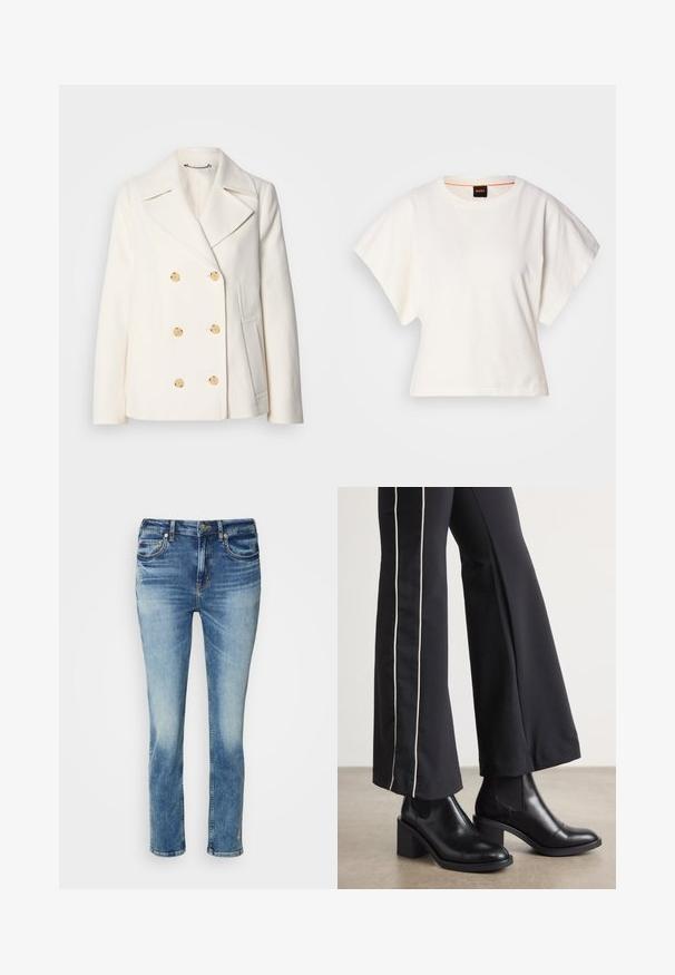 Kahekordne valge mantel tekstureeritud kangast, millel on suured kuldsete nuppudega, küljel olevad taskud ja nurgelised kraed.; Valge lühikeste laiadte varrukatega lühike T-särk, pehme puuvillane materjal, ümar kaelus kergelt oranži ääristusega, minimaalne disain, ilma mustrite ja graafikateta.; Hele sinine denimist teksad, millel on sirge jala disain, kerge kulumine, viie tasku stiil ja peen tikand hemme lähedal.; Mustad nahast pahklu_bootid, millel on ploki konts ja elastsed külgpaneelid. Kombineeritud mustade pükstega, millel on valge küljeriba.