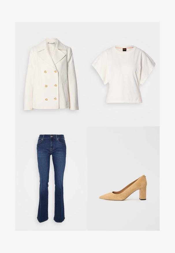 Kétgombos, fehér kabát textúrált anyagból, nagy arany színű gombokkal, csücskös gallérral és oldalzsebekkel.; Fehér, rövid, bő ujjú, crop szabású póló, puha pamut anyagból, kerek nyakkivágással, finom narancssárga díszítéssel, minimalista dizájn, minta vagy grafika nélkül.; Kibővülő fazonú kék farmernadrág, magas derekú, elülső zsebekkel és kontrasztos varrással. Az anyag sima tapintású.; Beige velúr magassarkú cipő, hegyes orral és tömzsi sarokkal. Az anyag puha tapintású, sima felületű.