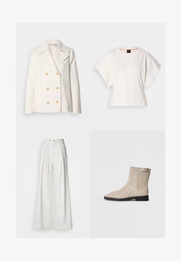 Double-breasted white coat in textured fabric, featuring large gold-tone buttons, notched lapels, and side pockets.; White cropped T-shirt, short wide sleeves, soft cotton material, round neckline with subtle orange trim, minimal design, no patterns or graphics.; White, wide-leg trousers made of lightweight fabric. Features a front belt loop, long tie belt, and subtle pleats for a relaxed fit.; Beige leather ankle boot with pointed toe, black sole, low heel, and gold buckle strap on outer side, shown on white background.
